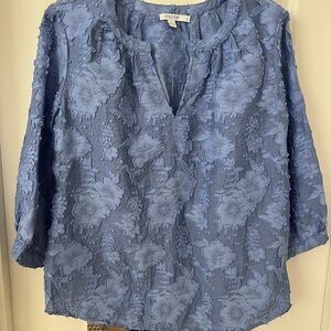 Chico's Dusty Blue Floral Embroidered Split-Neck Blouse